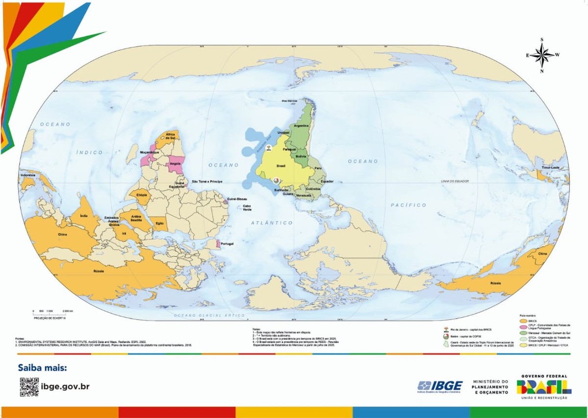 IBGE lança mapa-múndi com Brasil no centro; objetivo é 'ressaltar liderança' em fóruns internacionais', diz presidente