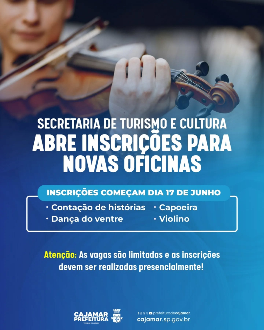 SECRETARIA DE TURISMO E CULTURA ABRE INSCRIÇÕES PARA NOVAS OFICINAS CULTURAIS GRATUITAS